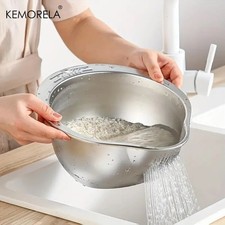 Strainer Bowl - Stainless Steel Rice Washing Colander for Fruits Vegetables