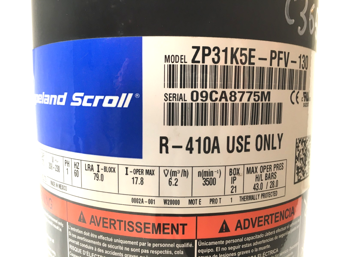 Copeland 2.5 Ton Scroll Compressor ZP31K5E-PFV-130 R410A 208/230V