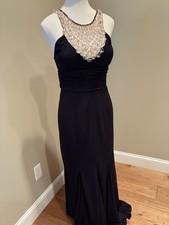 NWT Adrianna Papell Necklace Yoke Drap Mermaid Gown in Ink Blue Size 6.