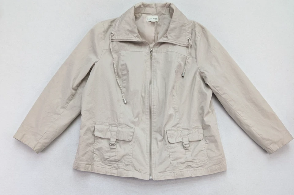 Chaqueta para mujer Studio Works talla 1X beige caqui ligera cremallera completa Foto 2 de 4