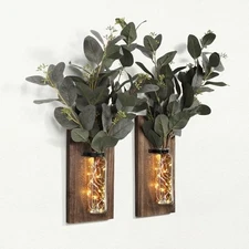 2 Pack Wood Glass Wall Sconces, Farmhouse Planters for Indoor Plants, Brown