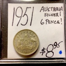 1951 Australia Silver! 6 Pence! ENN Coins