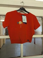 Ellesse Cropped Red Top Size 10 Crop Logo Print Tshirt Short Sleeve Graphic New