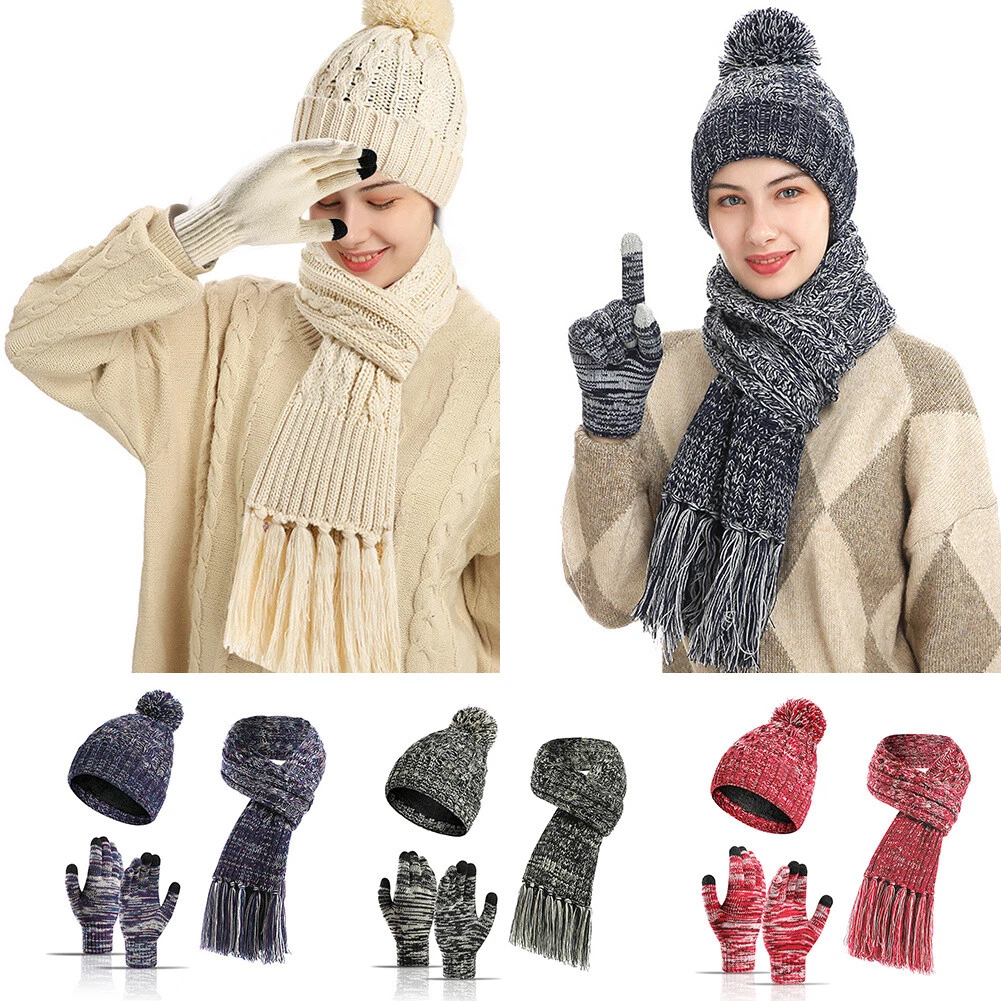 Ladies/Mens Hat Scarf and Gloves Set Warm / Lined Beanie Hat Touchscreen  Gloves