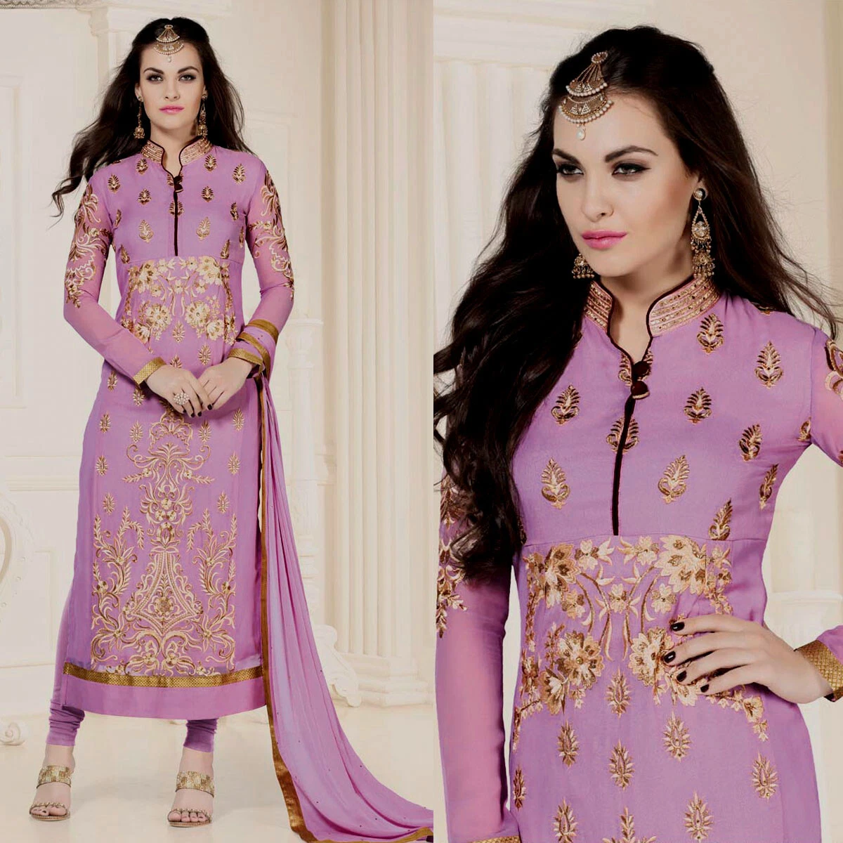 ORCHID PINK GRGT LONG SALWAR KAMEEZ SUIT DRESS MATERIAL w HEAVY