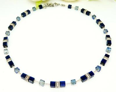 Halskette Collier Cube Würfel CatEye Polaris Kristallglas Dunkelblau Strass 540