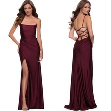 La Femme 29710 Red Strappy Open Back Ruched Formal Long Dress Gown Prom Maxi 0