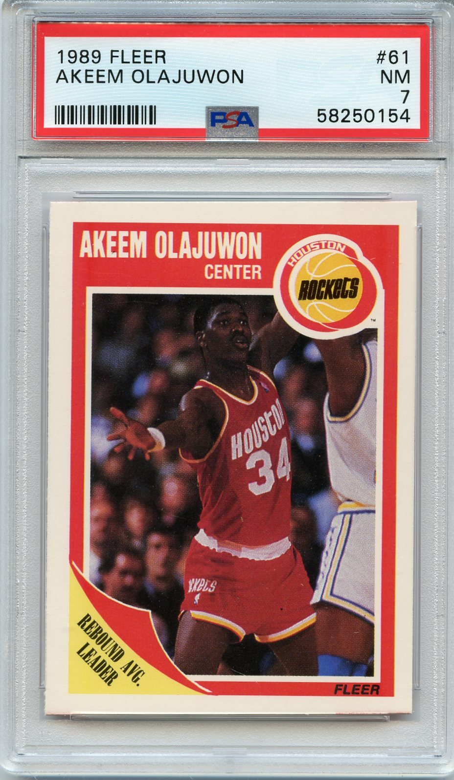 1989-90 FLEER #61 AKEEM OLAJUWON, HOUSTON ROCKETS, HOF - PSA 7 NM (50154)