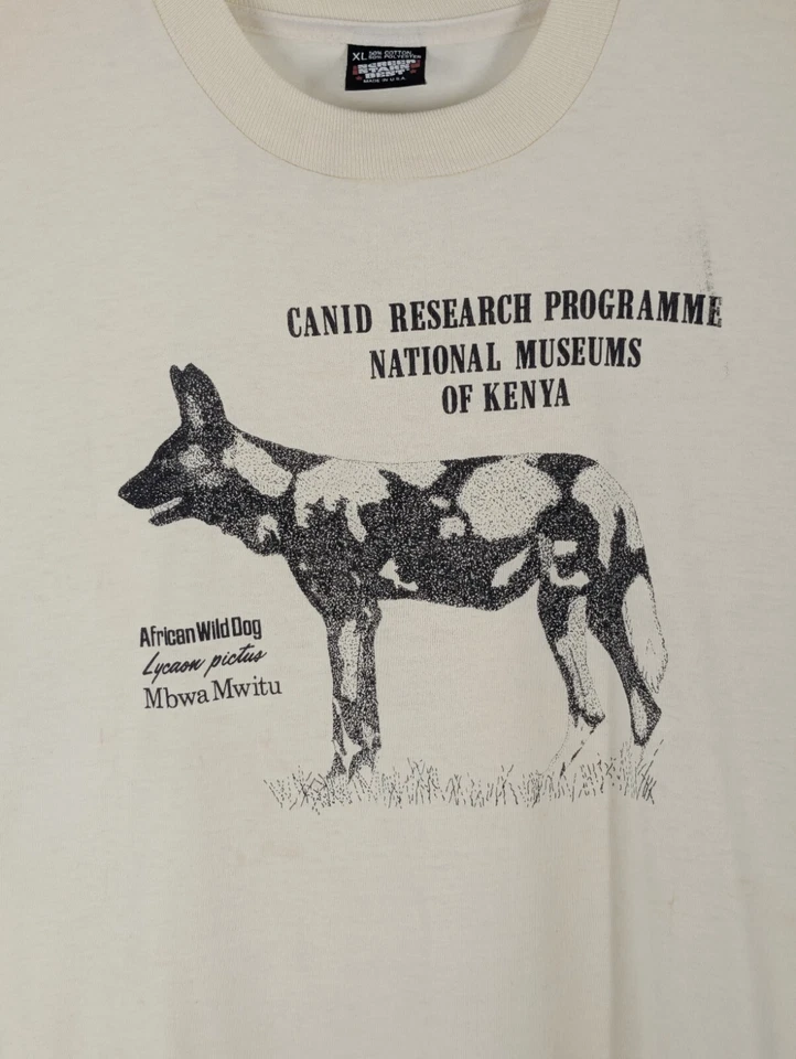 African Wild Dog Canid Research Kenya Museum Art Shirt Screen Stars Vtg 90s USA - Image 3 of 4