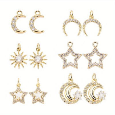 1Box 12Pcs 6 Styles Brass Cubic Zirconia Sun Moon and Star Charms Rhinestone