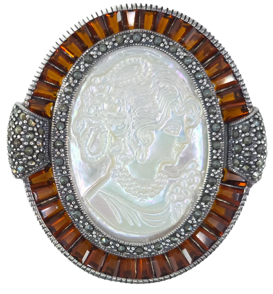 DE COLECCIÓN 925 ESTERLINA MADREPERLA CAMAFEO Y HESSONITA GRANATE BROCHE COLGANTE GRANDE