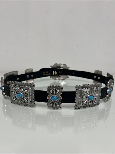Shyanne Western Leather Belt 9 Silver Conchos/Turquoise Attached Sz S Buckle Big - Picture 2 of 5