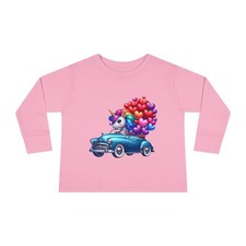 Unicorn driving a car with heart balloons