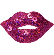Lips Applique Patch - Sequin Lip With Fuchsia Pink Lipstick Badge 1.75" Iron On