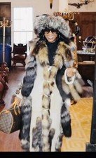 New Unique Designer Full Length  Beige Shearling & Fox Fur Coat Jacket S 0-6