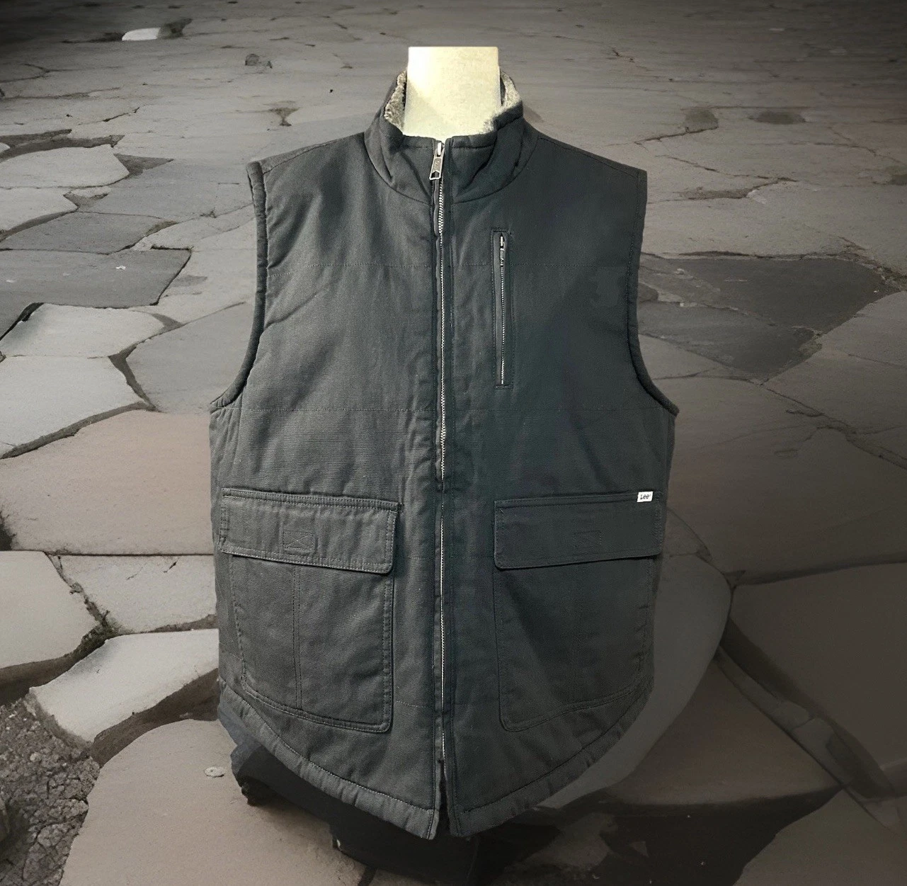 Sherpa Lined Canvas Workwear Lee Mens Vest Large Black Cotton Hunting Fishing