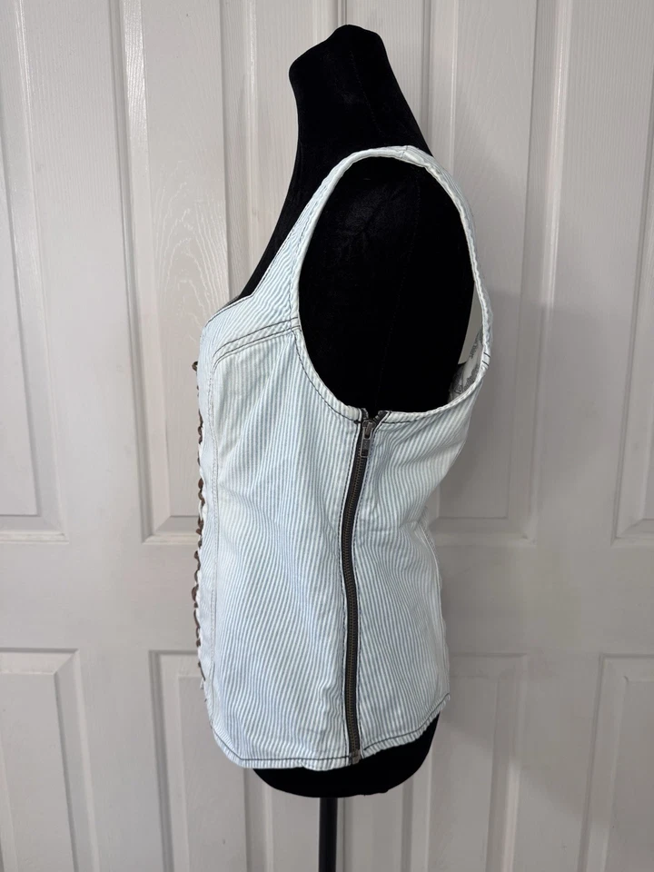 GUESS Sexy Corset Tank Top Sz L Railroad Stripe Denim Side Zip Concert Party - Image 3 of 4