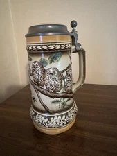 VTG Gerz Germany Beer Stein Owls Made in Germany Antique Pewter 94% Zinn