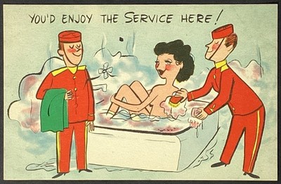 Woman Bathtub Bellboys Enjoy the Service VTG Risque Comic Postcard Unposted