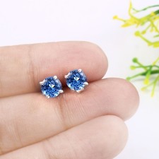 Sottile Acquamarina Rotondo 6x6 MM, 925 Argento Massiccio Orecchini, Marzo Gemma