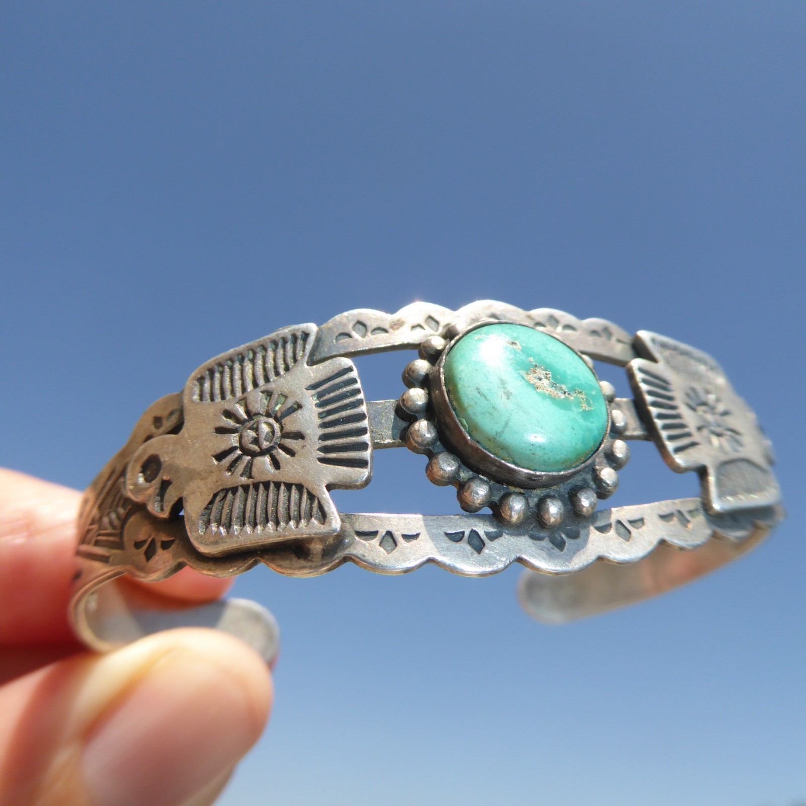 Native American Sterling Silver Stamped Turquoise Thunderbird Cuff Bracelet Wow