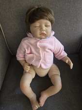 Sleeping Baby Doll Brown Straight Hair Eyes Closed Soft Body Vinyl Cloth Pink