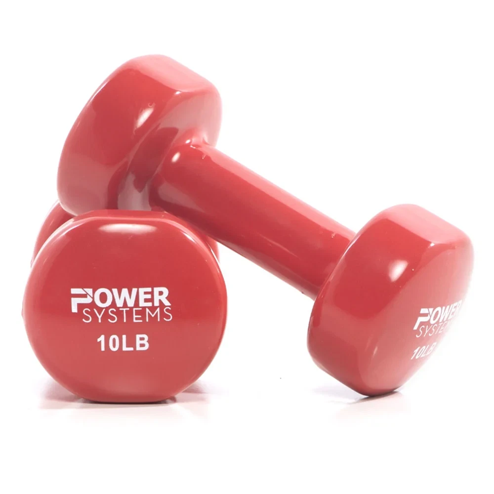 Power Systems 10lb Vinyl Dumbbells Pair Non Slip Grip Red Fitness Home Gym Use