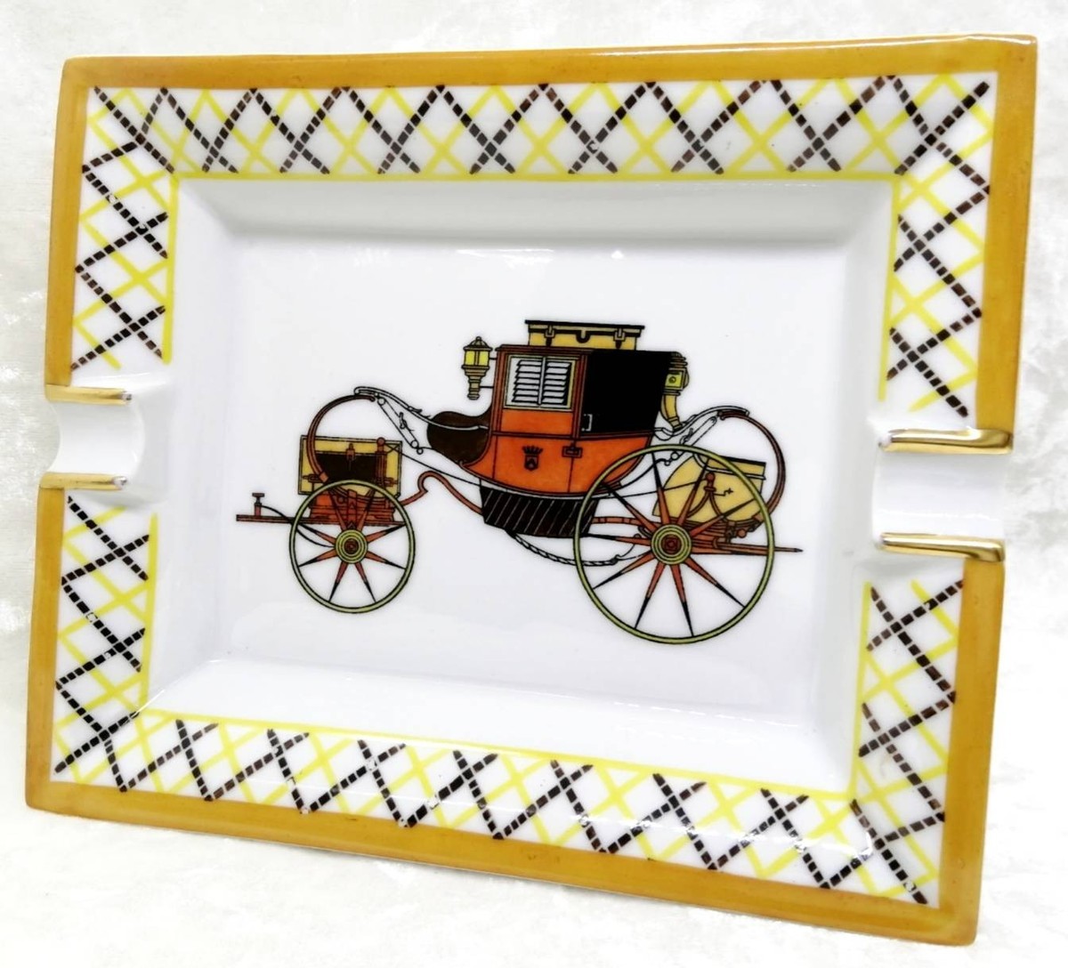HERMES Ashtray Plate Tray Horse Carriage Gold Porcelain Yellow