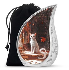 Red Flowers White Cat Large Unique Urn For Ashes Adult Mom Dad 10 Inch