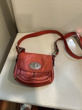 Fossil Maddox Red Pebbled Leather Crossbody Bag Long Live Vintage Turnlock Key