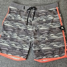 Hurley Mens Boardshorts Gray Size 32 Abstract Wave Print Orange Trim