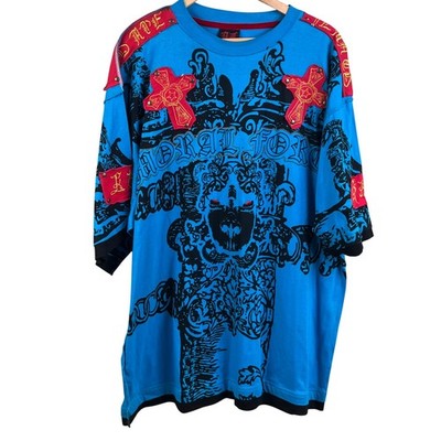 VTG Red Ape Fortitude Blue Red Graphic Skull Grunge Short Sleeve Y2K T-Shirt XL