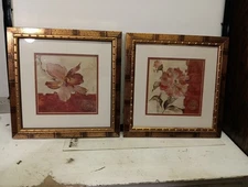 X2Cheri Blum Rose Print Cracked Linen Chinoiserie Bamboo-Look Frame Matted 2000s
