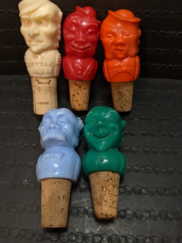 LOT of 5 VINTAGE HARD PLASTIC & CORK CHARACTER LIQUOR BOTTLE STOPPERS