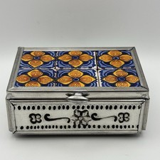 Joyero de peltre vintage de azulejos de Talavera de México arte popular azul floral