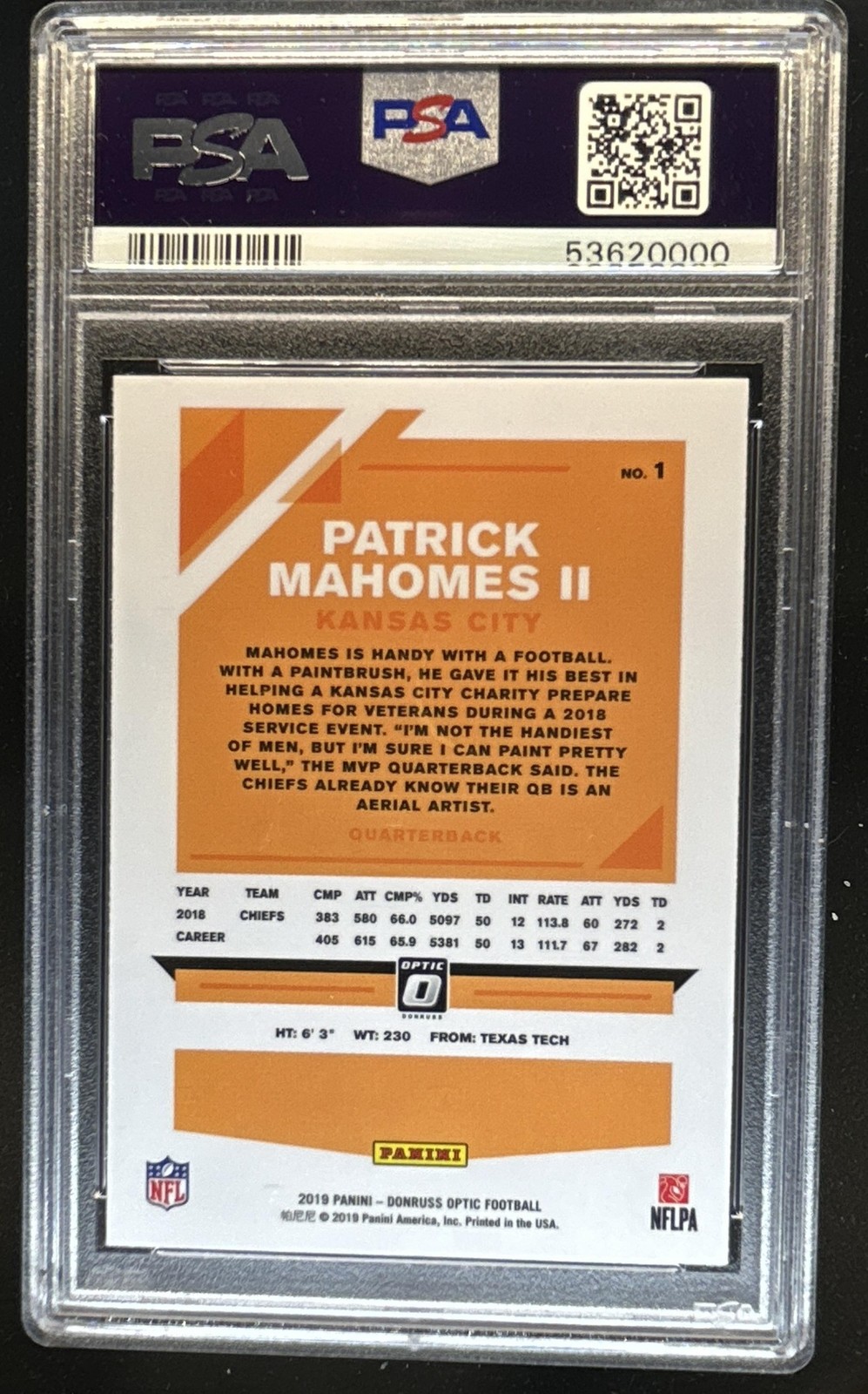 2019 Panini Donruss Optic Patrick Mahomes II #1 Chiefs PSA 10 GEM MINT view 2