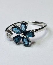 925 Sterling Silver Natural London Blue Topaz Flower Cluster Open Band Ring