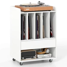 Record Player Stand w/ Drawer & Record Holder,Lockable Wheels for Living Room