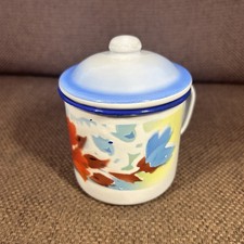 Vintage Old Rare White Enamel Porcelain Flower Print Coffee Tea Cup Lidded PRC