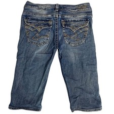 Vintage Y2K Silver Jeans Womens 26 Capri Clam Digger Denim Faded Embroidered