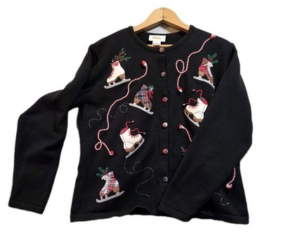 Vintage Talbots Ice Skates Winter Black Sweater Plaid Womens Medium 10323