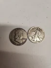 Benjamin Franklin and Walking Liberty  Lot of 2 90% Silver Half Dollars