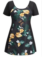 Womens 5XL One Piece Swim Dress Black Floral Short Sleeve Boy Short Beach Pool