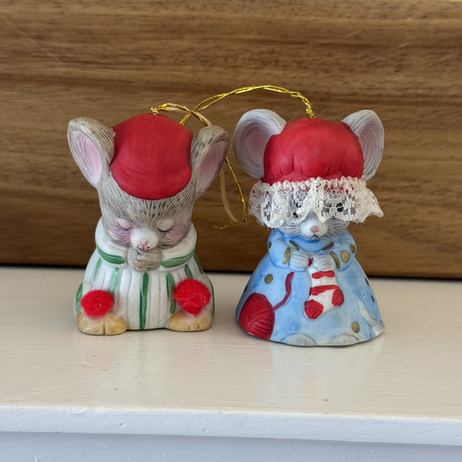Vintage Jasco Lil' Chimers Christmas (2) Bell Ornaments Hand Painted Porcelain