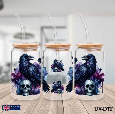 Aquarell Rabe UV DTF Aufkleber - 16oz Libbey Dose Glasfolie zp780