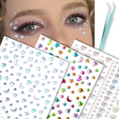  Self Adhesive Face Gems Stickers, Hair Gems Face Jewels Eye Stars/Moons/Hearts