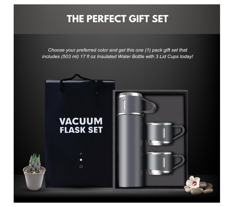 Set Thermos Water Gray Vacuum Flask Set Insulated Water Bottle with 3 Cups Gift