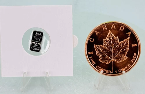 Silver & Copper Bar & Round   * Two-Piece Maple Leaf Set * Fine .999 Bullion