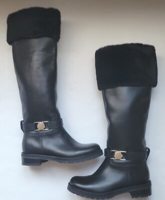 Verace Collection Black Leather Fur Shearling Gold Medusa Tall Boots Sz 35 New