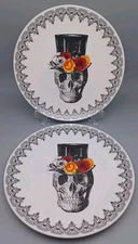 Set of 2 Harvest Green Studio 10.5" Dinner Plates Skull Top Hats Flowers 